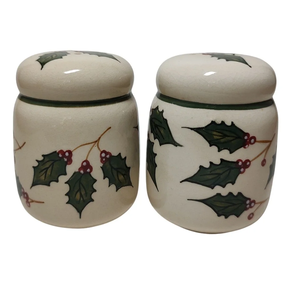 Vintage Ceramic Christmas Holly Salt and Pepper Shakers Red Green Holiday Season